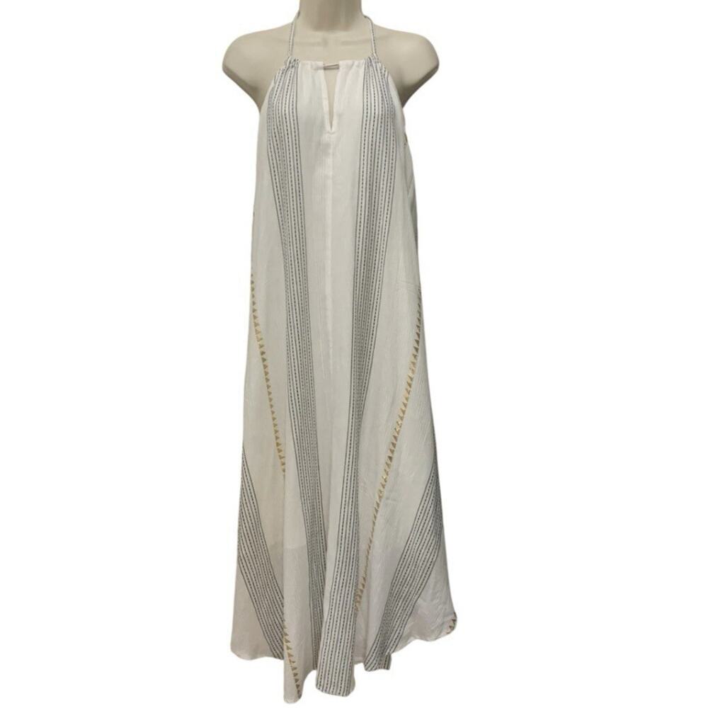 Ivory Boho Midi Dress Halter Open Back Gold Accent NWT Women’s M Beach